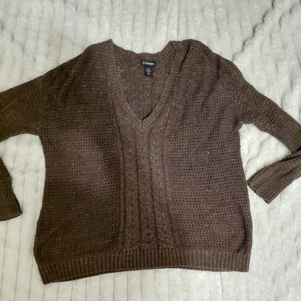 Brown & Gold Metallic Tinsel V Neck Crochet Sweater